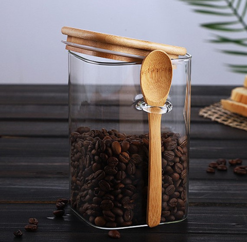 Glass container with bamboo lid and spoon