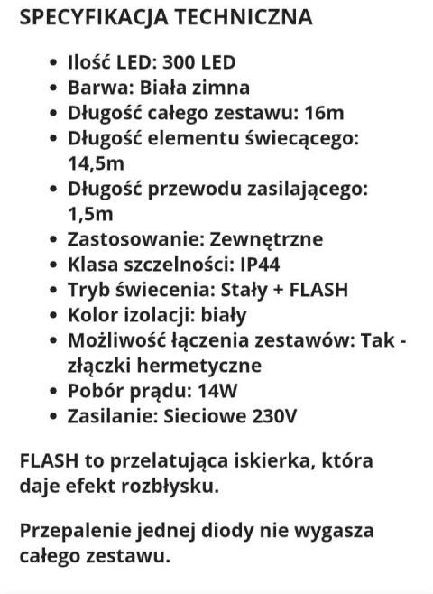 Lampki - sople zewnętrzne z fleshem 300 LED, kolory: zimna biel i niebieskie
