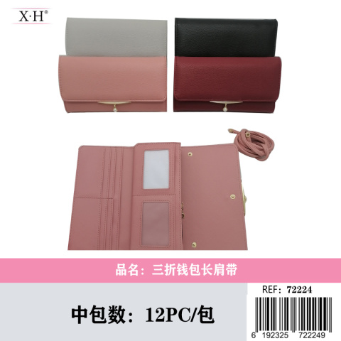 Large women's wallet folded in three with shoulder strap